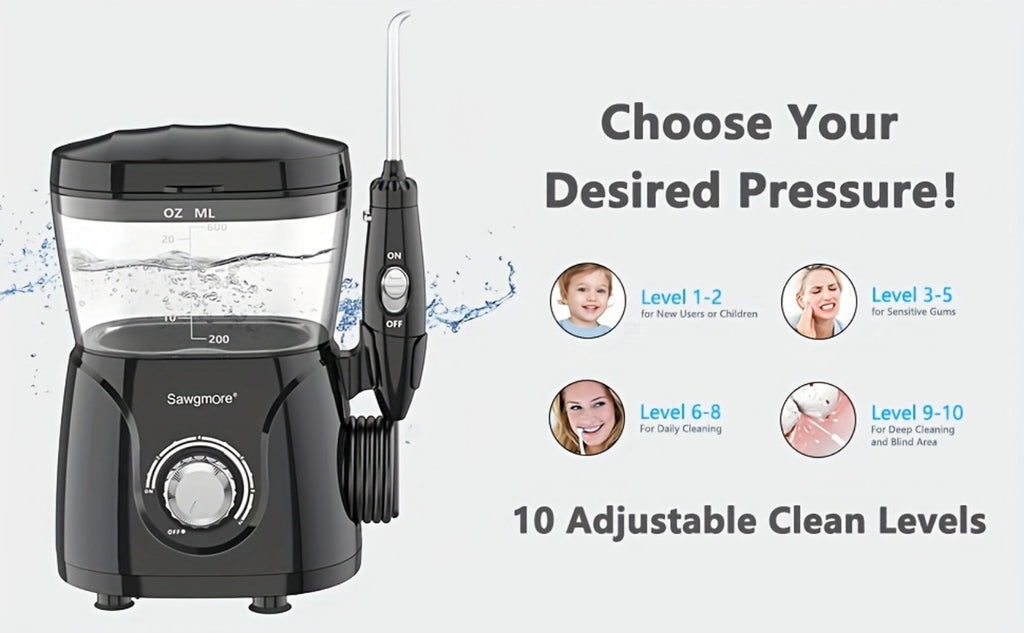 Water Flosser for Teeth & Braces 600ml Large Tank – 10 Adjustable Pressure Levels 8 Nozzles IPX4 Waterproof Professional Oral Irrigator