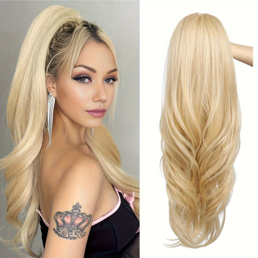 Drawstring Ponytail Extension for Women Long Wavy Layered Wrap Around Clip In Synthetic Pony Tail 26 Inch No Glue No Heat Blonde Brown Ash