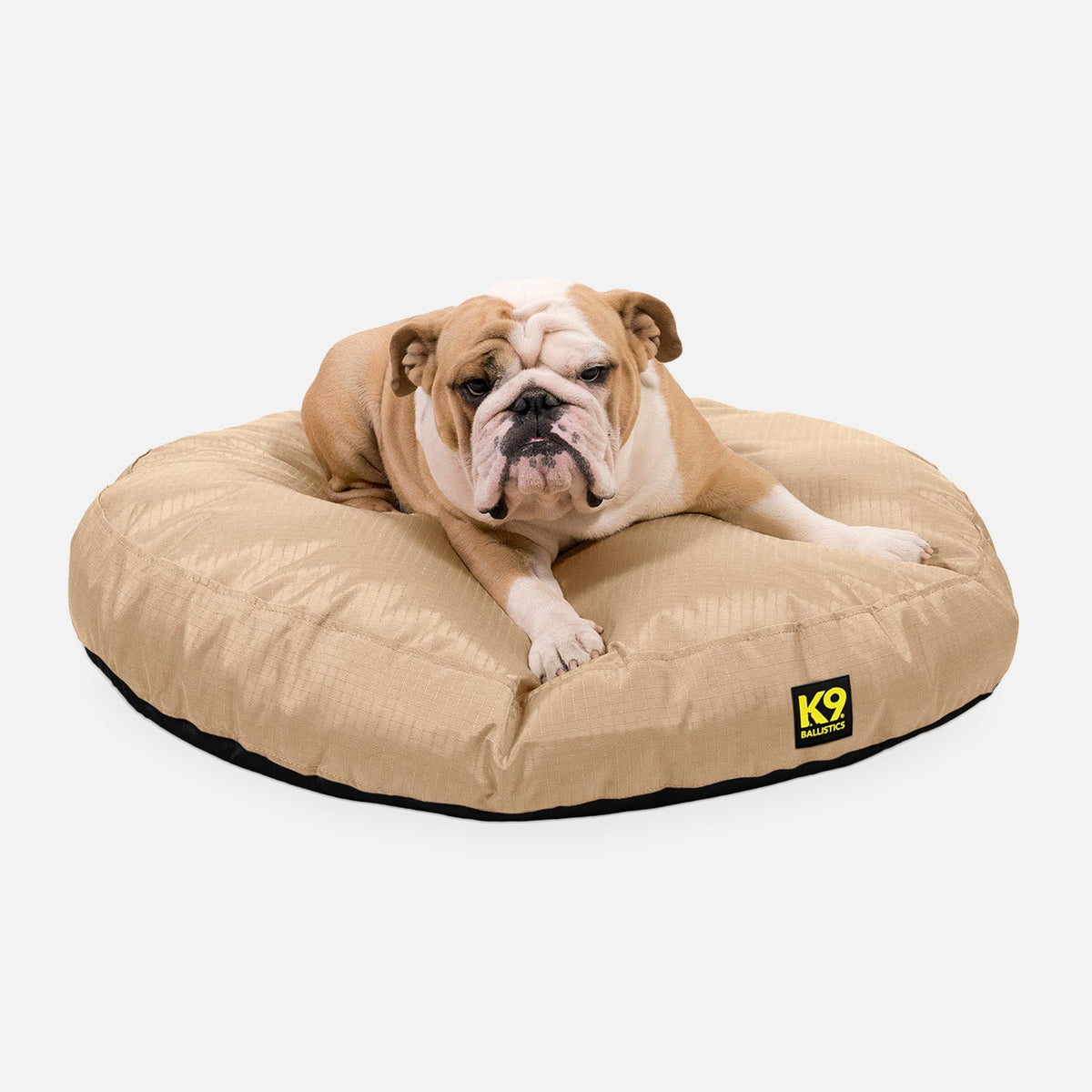 Tough Ripstop Round Pillow Dog Bed, M / Tan