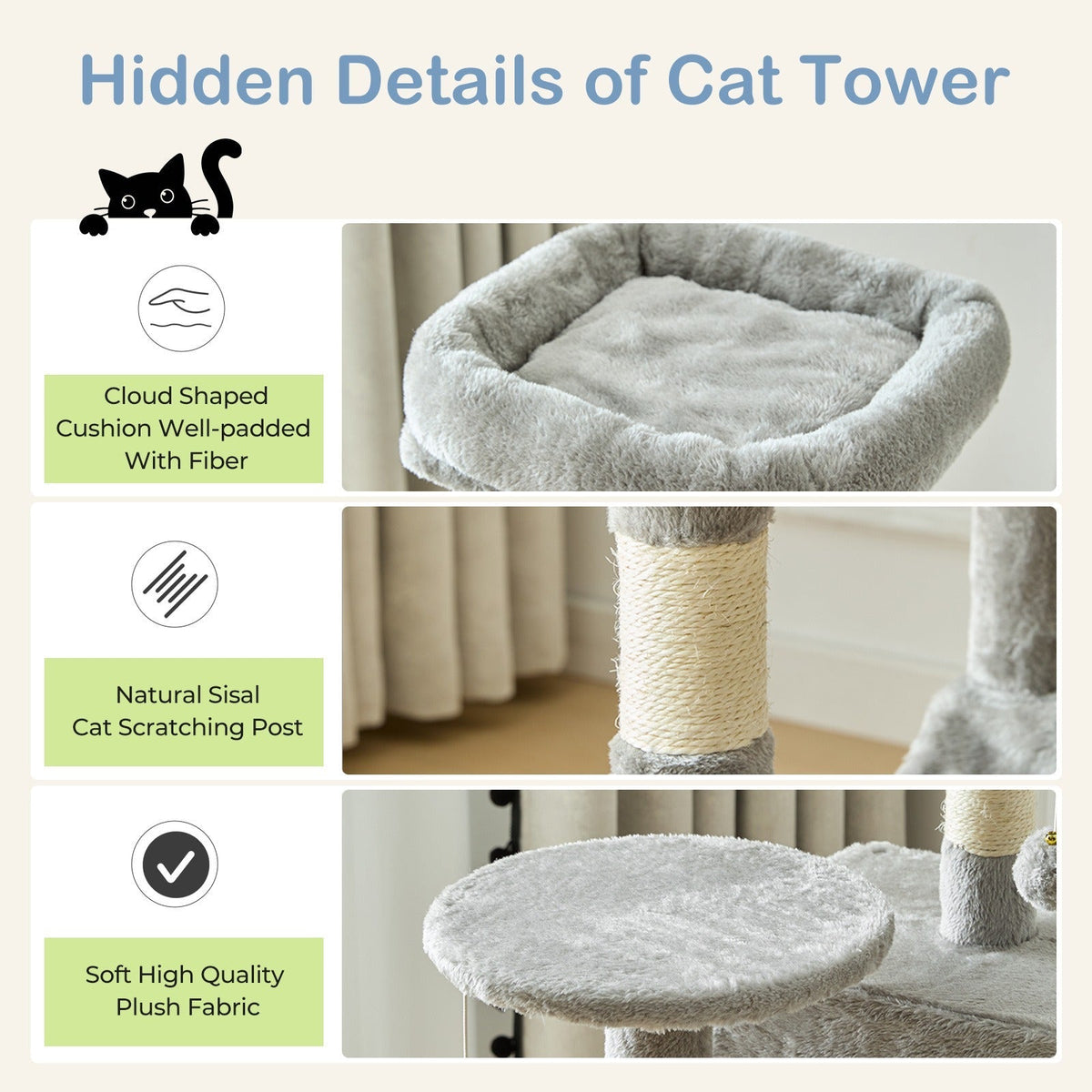 Multi-Level 44in Cat Tower with Enclosed Condo, Hammock, Round Platforms and Sisal-Wrapped Posts