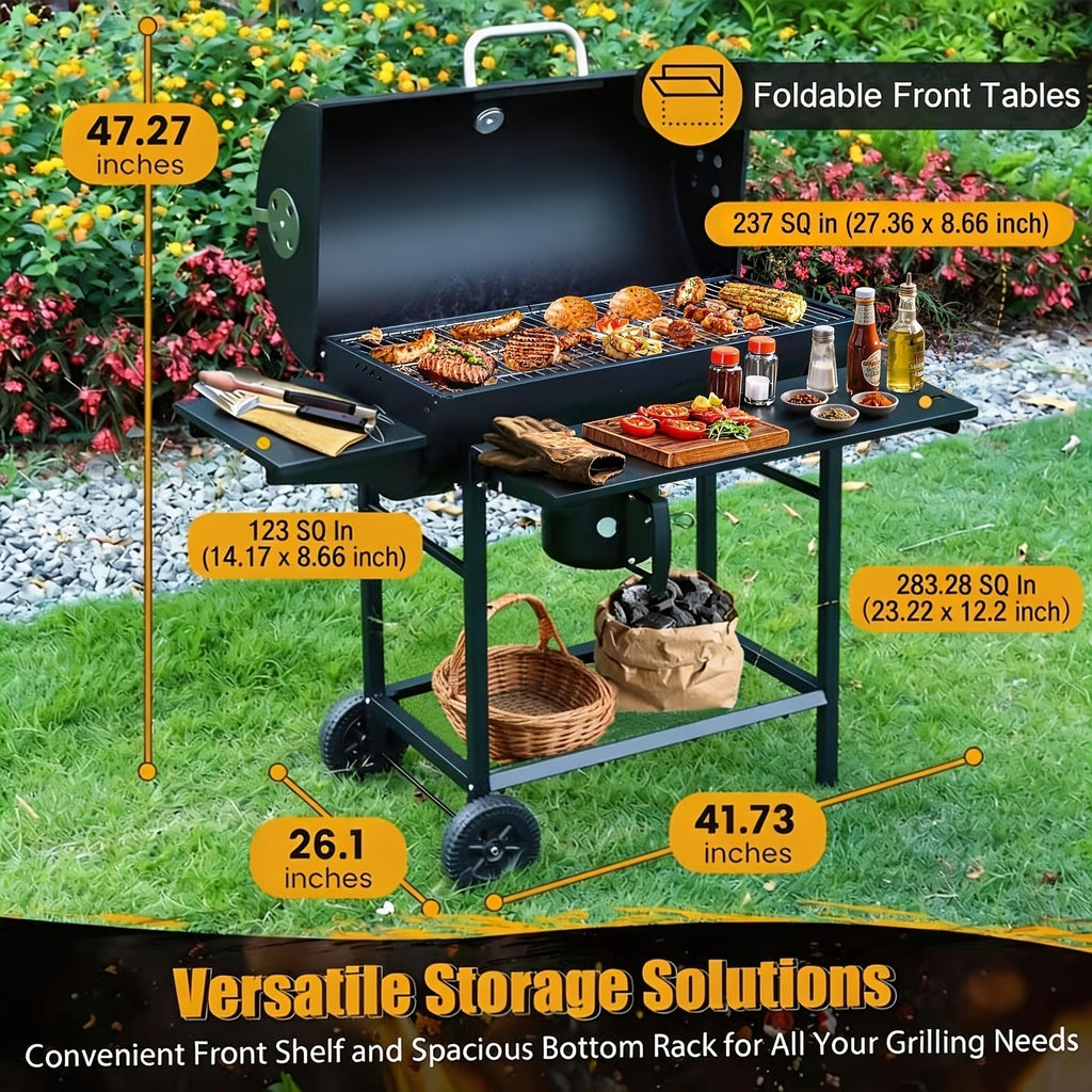 Barrel Charcoal Grill with Offset Smoker, Wheeled Cart, Side Firebox and Two Black Configuration Options