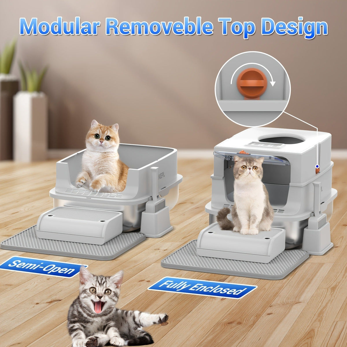 TEKEPL 68L Cat Litter Box with Stainless Steel Basin and Modular Enclosed, Semi-Open or Open Configuration