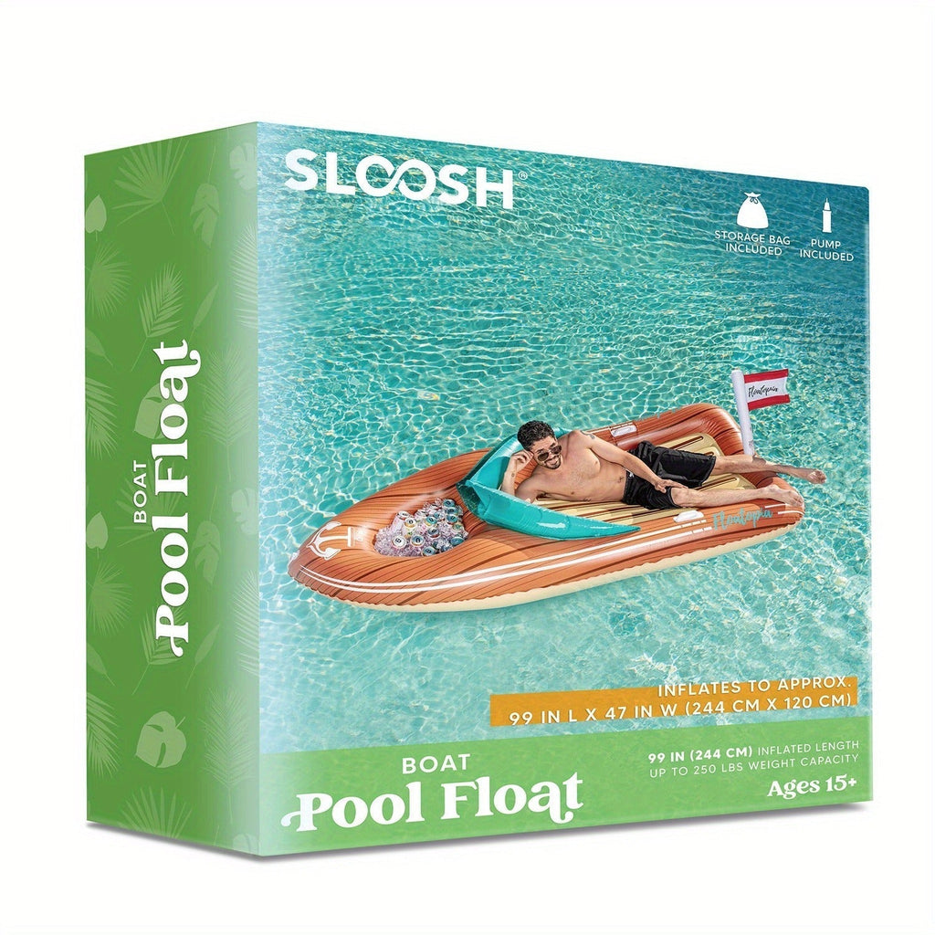 Pool Float Boat-Shaped Two-Person Raft, Over Eight Feet with Built-In Cooler, Two Handles and Tow Point