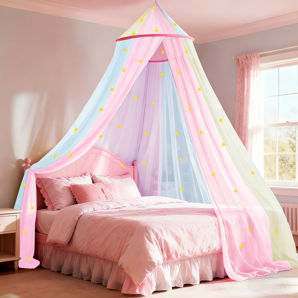 Bed Canopy for Girls Princess Rainbow Glow in the Dark Stars Colorful Canopy Curtain Fits for Entryways, Bedrooms and Living Spaces