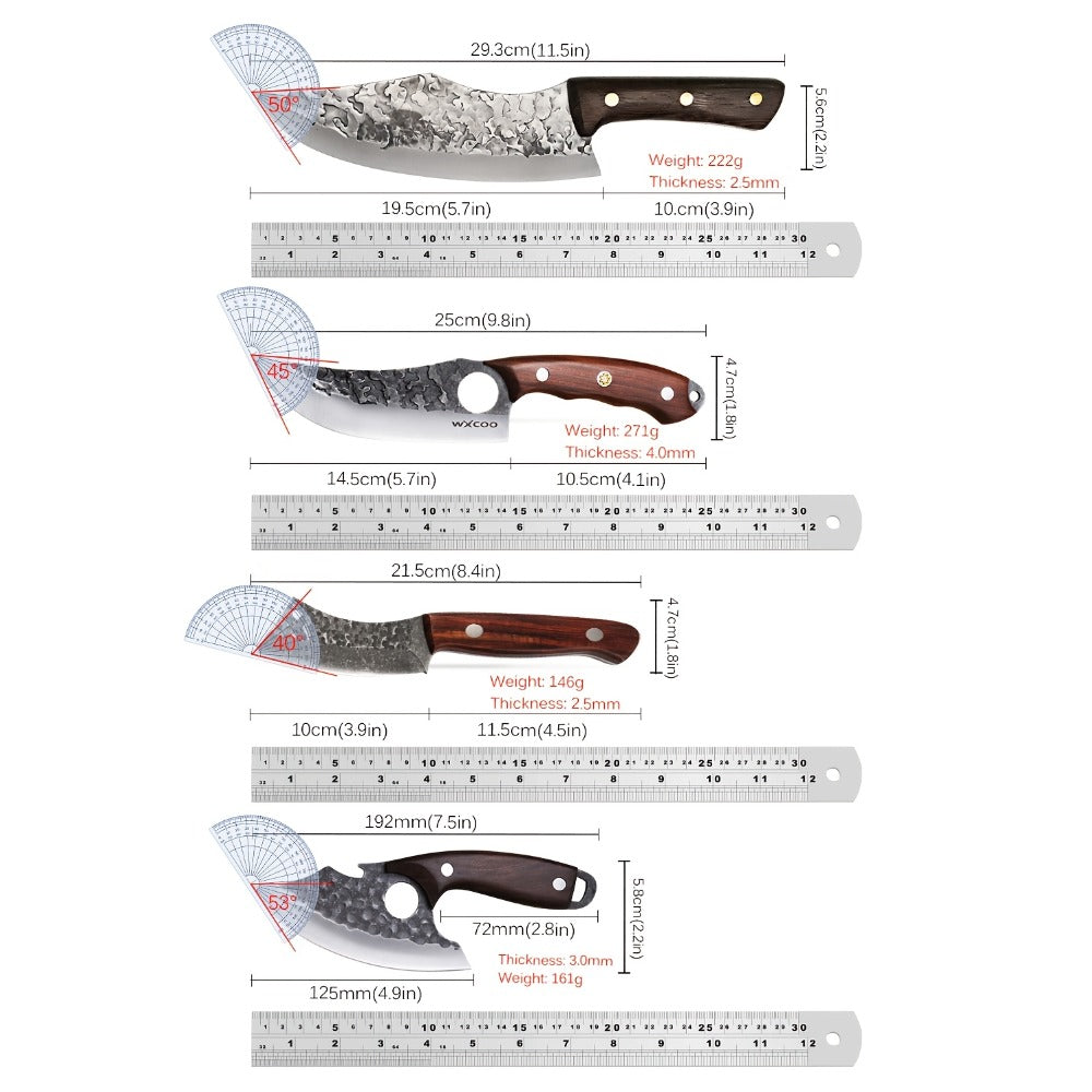Viking Chef Knife Set 3/4pcs Hammered Stainless Steel Kitchen Knives – Boning, Utility & BBQ Knife with Wooden Handle for Cooking