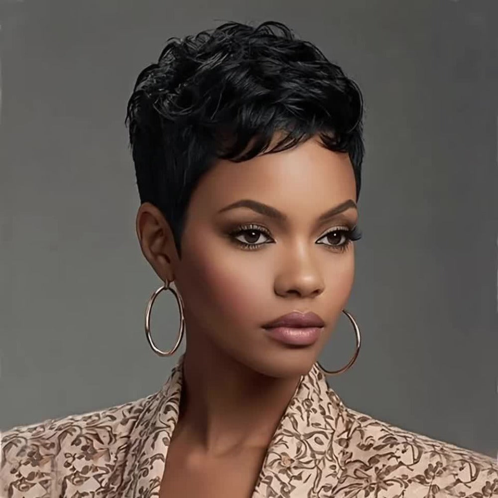 Synthetic Wig 4-Inch Wavy Pixie Cut with Bangs in Dark Brown, Deep Purple or Burgundy for Cosplay