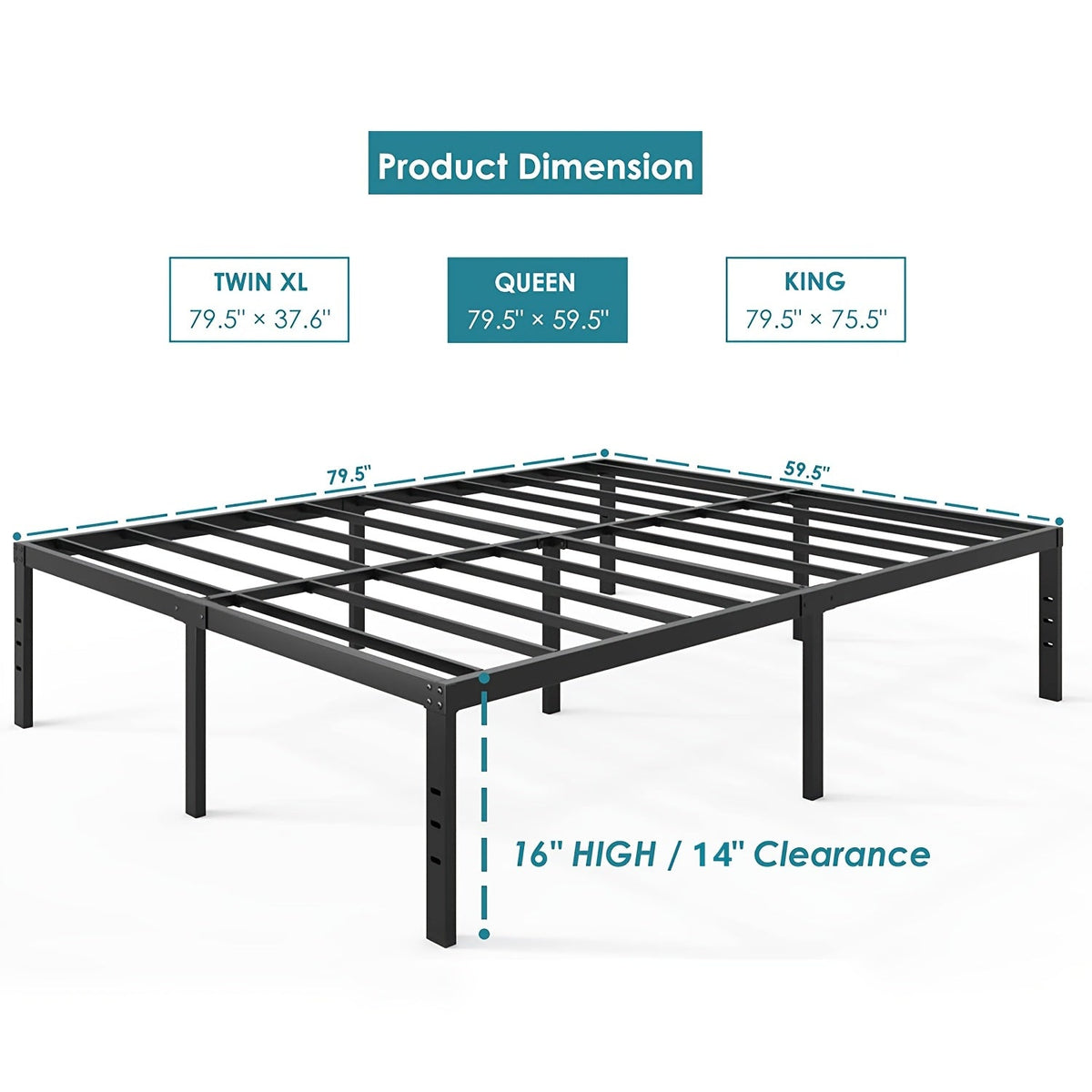 Bed Frame Steel Platform with 14-18 Inch Height Options, Under-Bed Storage and Tool-Free Assembly