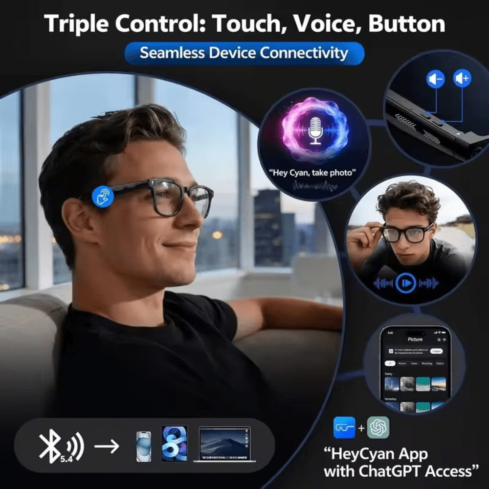 Smart Glasses 8MP Camera Eyewear with Translation, Object Recognition, Touch Control and Bluetooth Calls