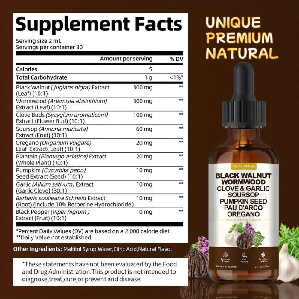 Black Walnut Wormwood Tincture 2 fl oz, Gut Health & Colon Cleanse Herbal Drops with Soursop, Oregano