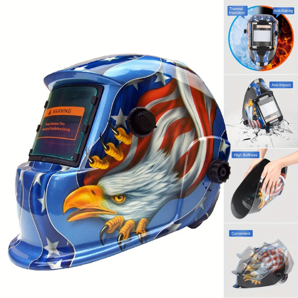 Graphic Auto-Darkening Welding Helmet with Eagle, Lightning or Black-Fire Shell Designs and Adjustable Headgear