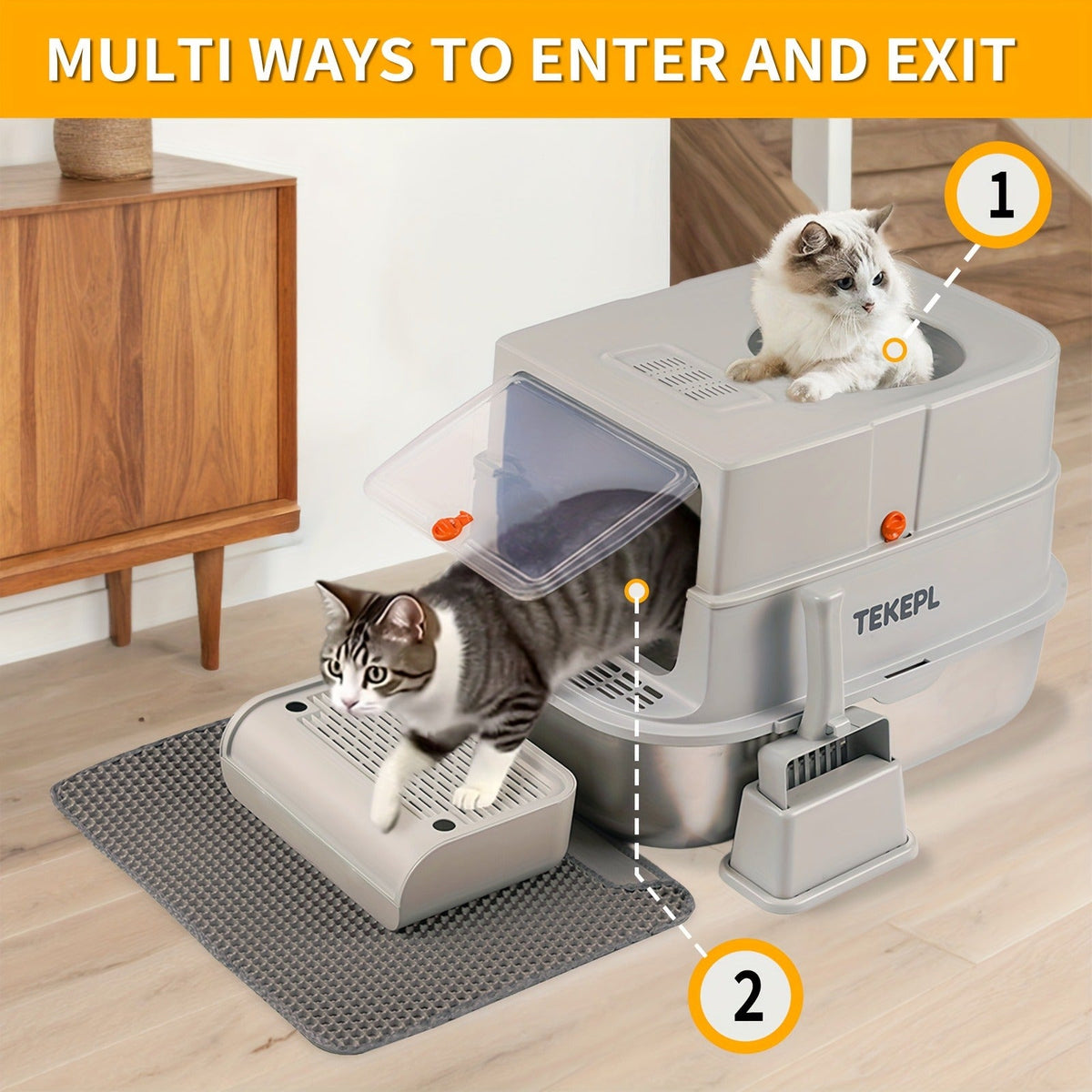 Stainless Steel Cat Litter Box with Lid – Extra Large 68L Enclosed & Semi-Open Modular System, 304 Steel Non-Stick Easy Clean