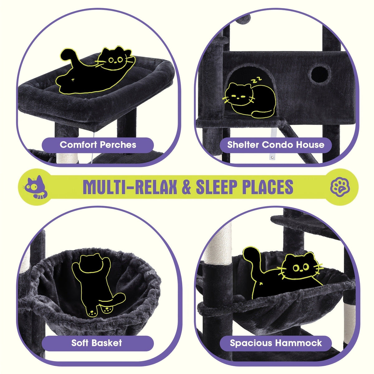 Multi-Level Cat Tree in 36-, 65-, 68- or 81-Inch Heights with Perches, Condo, Hammock and 30 Color, Pattern or Layout Options