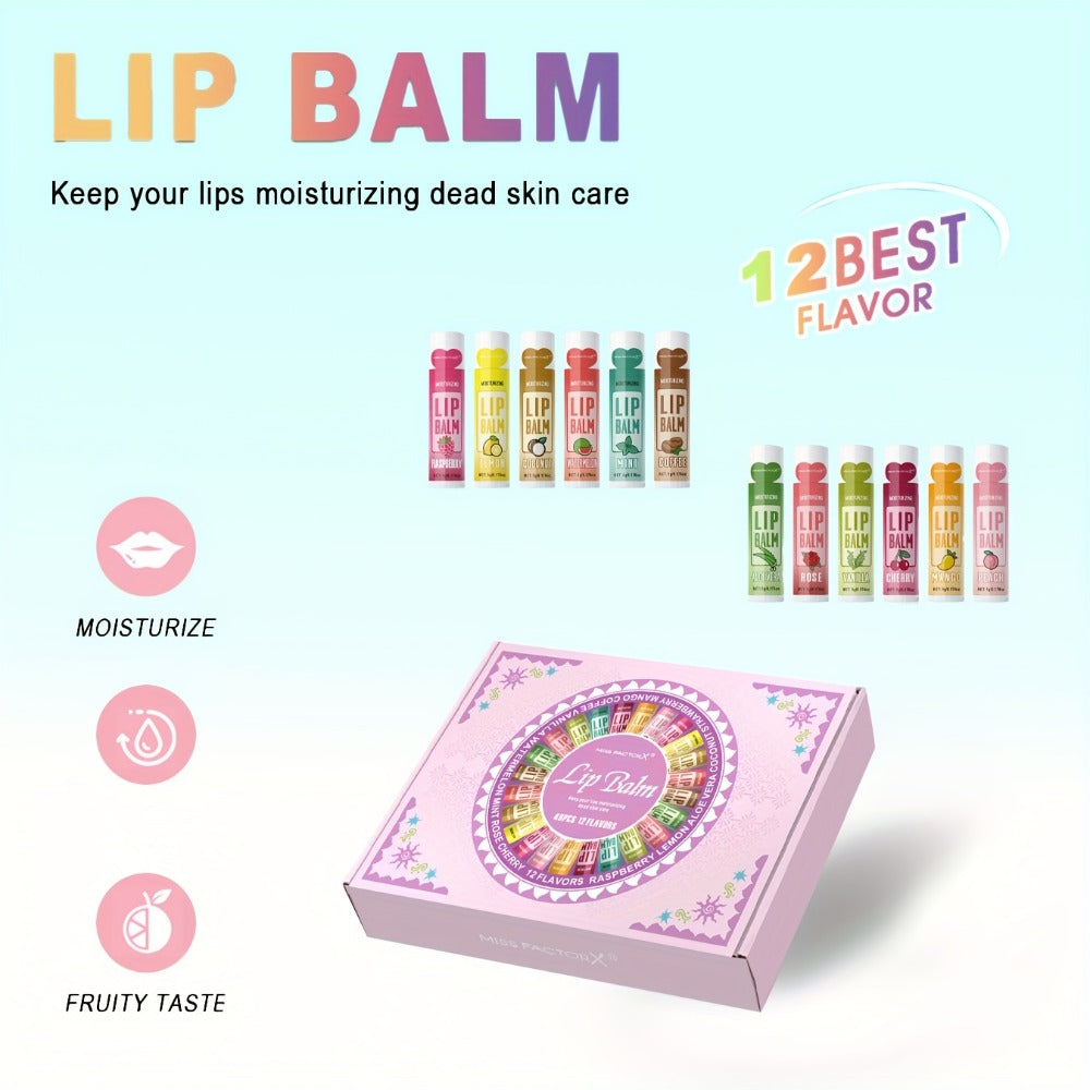 Lip Balm Gift Set 48pcs MISS FACTORX – Moisturizing Glycerin Lip Butter, Hypoallergenic Natural Finish for All Skin Types