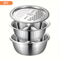 Stainless Steel Kitchen Bowl Set, Three-Piece Grater, Colander and Mixing Bowl Prep System