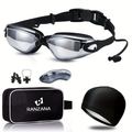 Anti-Fog Racing Swim Goggles Set 6-in-1 – HD UV Protection Silver Coated PC Lens, Waterproof PU Swim Cap, Nose Clip, Earplugs