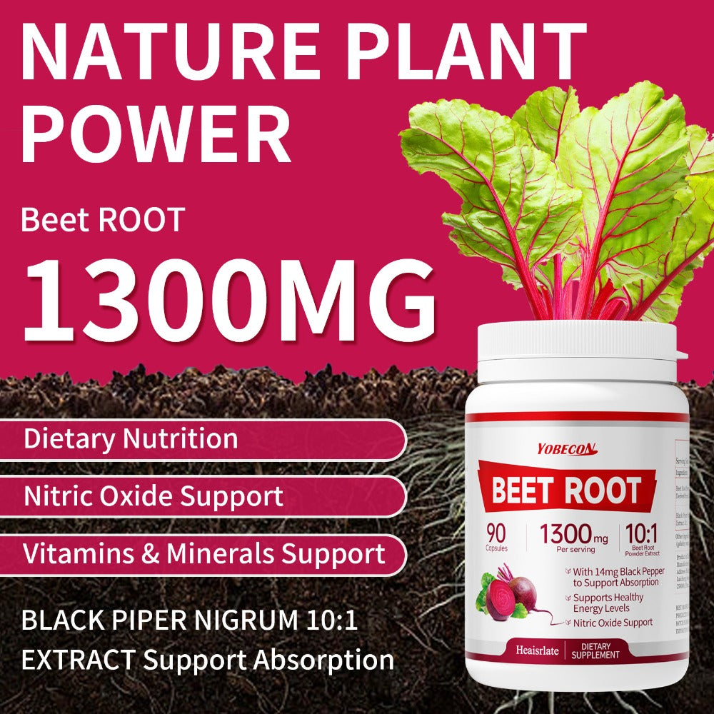 Dietary Supplement Capsules with YOBECO Label, Beet Root Extract 1300mg, Black Pepper and 90 Count