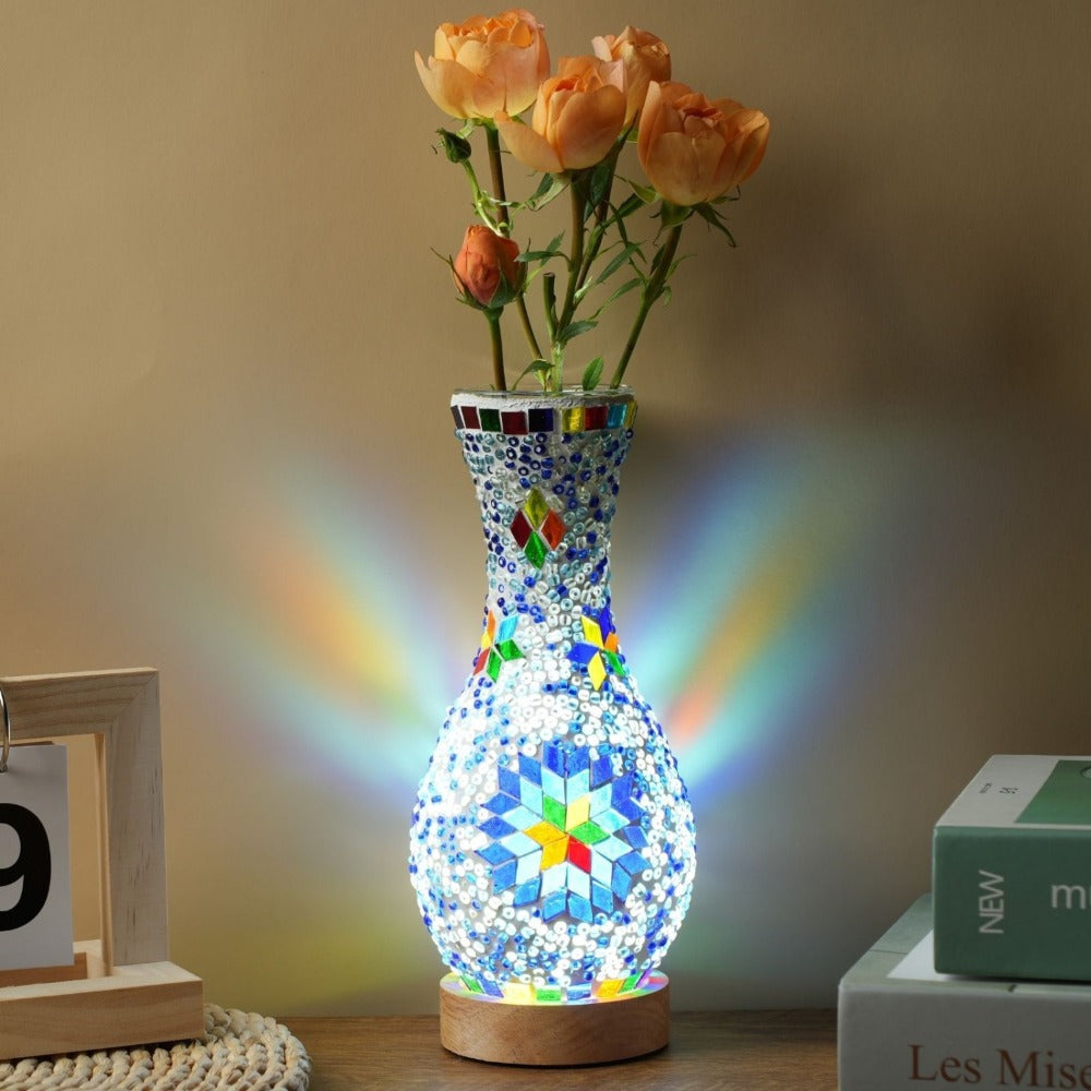 Mosaic Vase Lamp Turkish Moroccan Handmade Colorful Glass Table Lamp with Wooden Base, USB Plug-In Boho Night Light