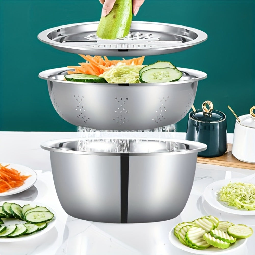 Stainless Steel Kitchen Tool Set 3pcs, Built-In Grinder, Colander Filter & Mixing Bowl for Washing