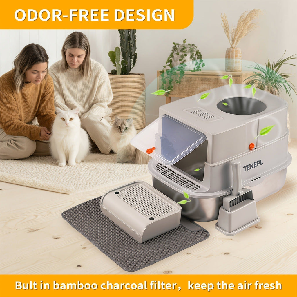 TEKEPL 68L Cat Litter Box with Stainless Steel Basin and Modular Enclosed, Semi-Open or Open Configuration
