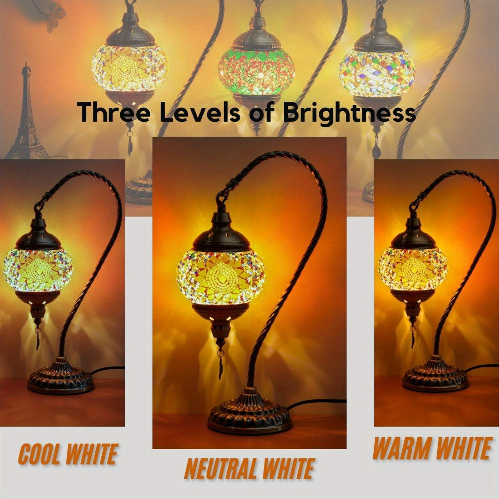 Table Lamp with Swan-Neck Mosaic Glass Shade, Metal Base, Six Color Options and Three White-Light Modes