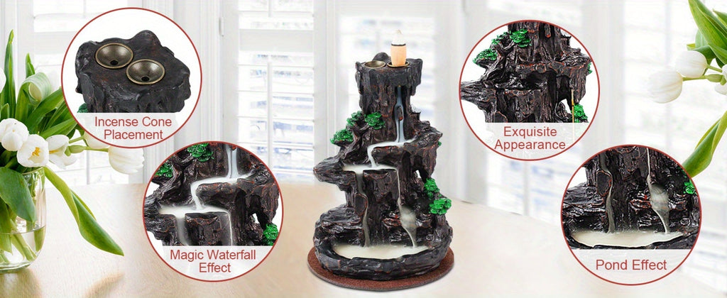 Backflow Incense Burner Waterfall Smoke Effect 2-Side Incense Holder with 120 Backflow Cones for Entryways, Bedrooms and Living Spaces