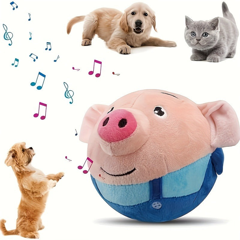 Electronic Rolling Dog Toy Ball – USB Rechargeable Cartoon Pig Plush Toy with Jumping Vibration & Sound, Automatic Self-Moving Washable