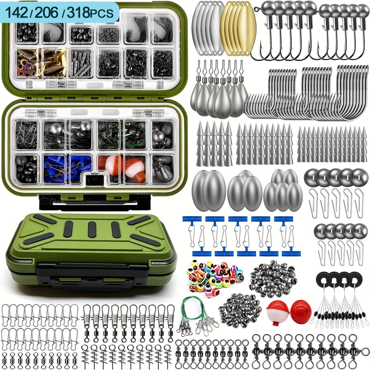 Fishing Tackle Kit 142/206/318 Pcs – Hooks, Jigs, Weights, Swivels, Beads & Connectors for Freshwater & Saltwater Bass Trout Fishing
