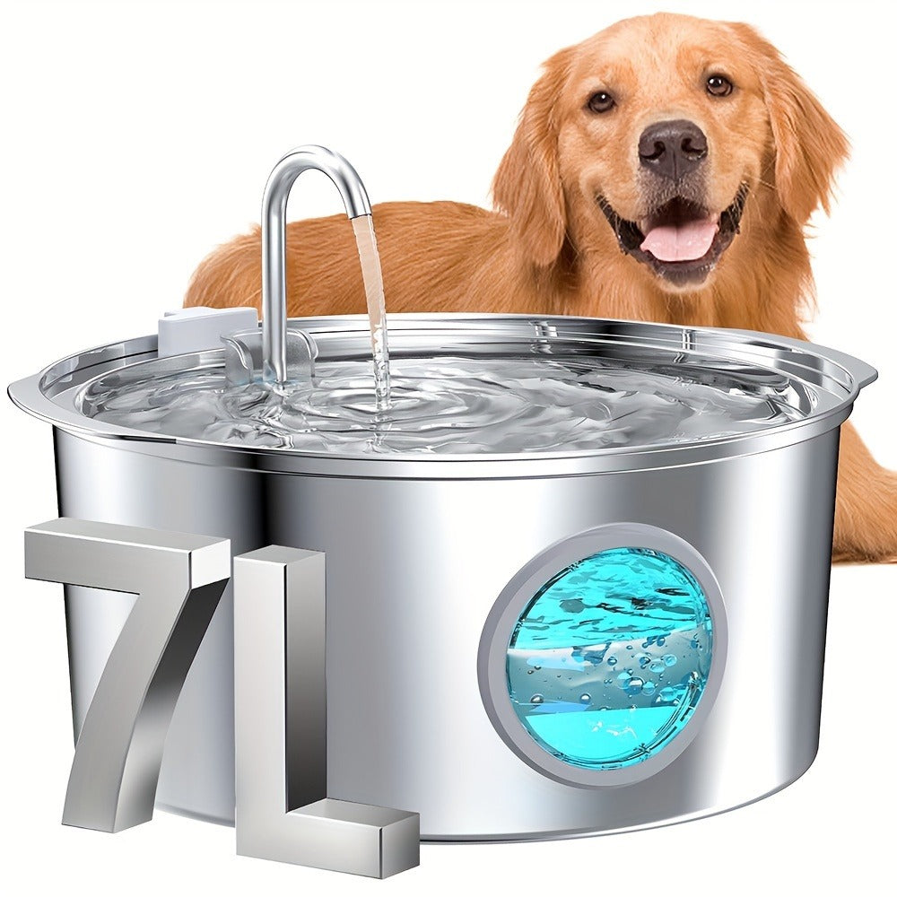 7L Pet Water Fountain with Stainless-Steel-Marked Basin, Water-Level Window and Dual Arched Outlets