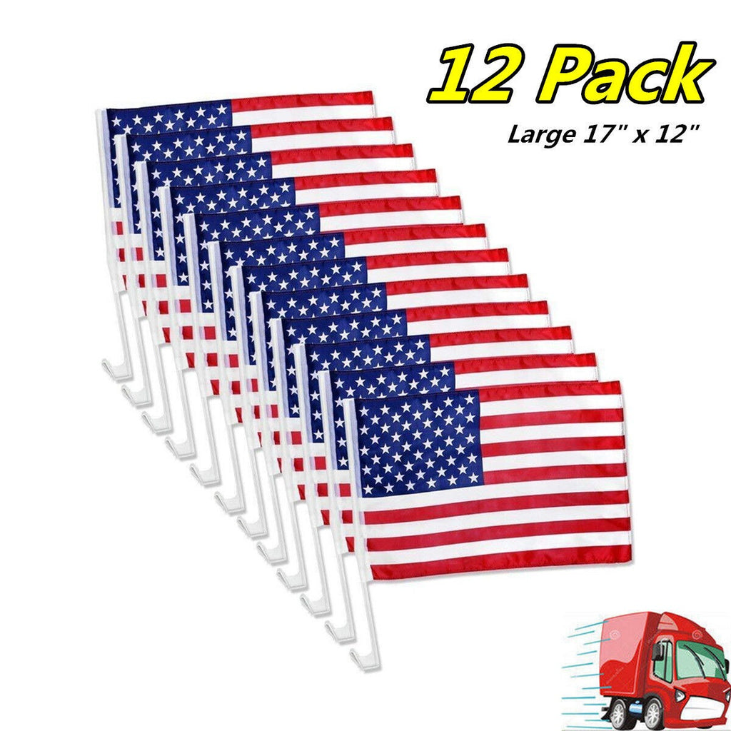 American Flag Car Window Clips 12 Pack USA Patriotic Car Flags 17x12 Inch Double Sided Knitted Polyester Weather Resistant for Parades