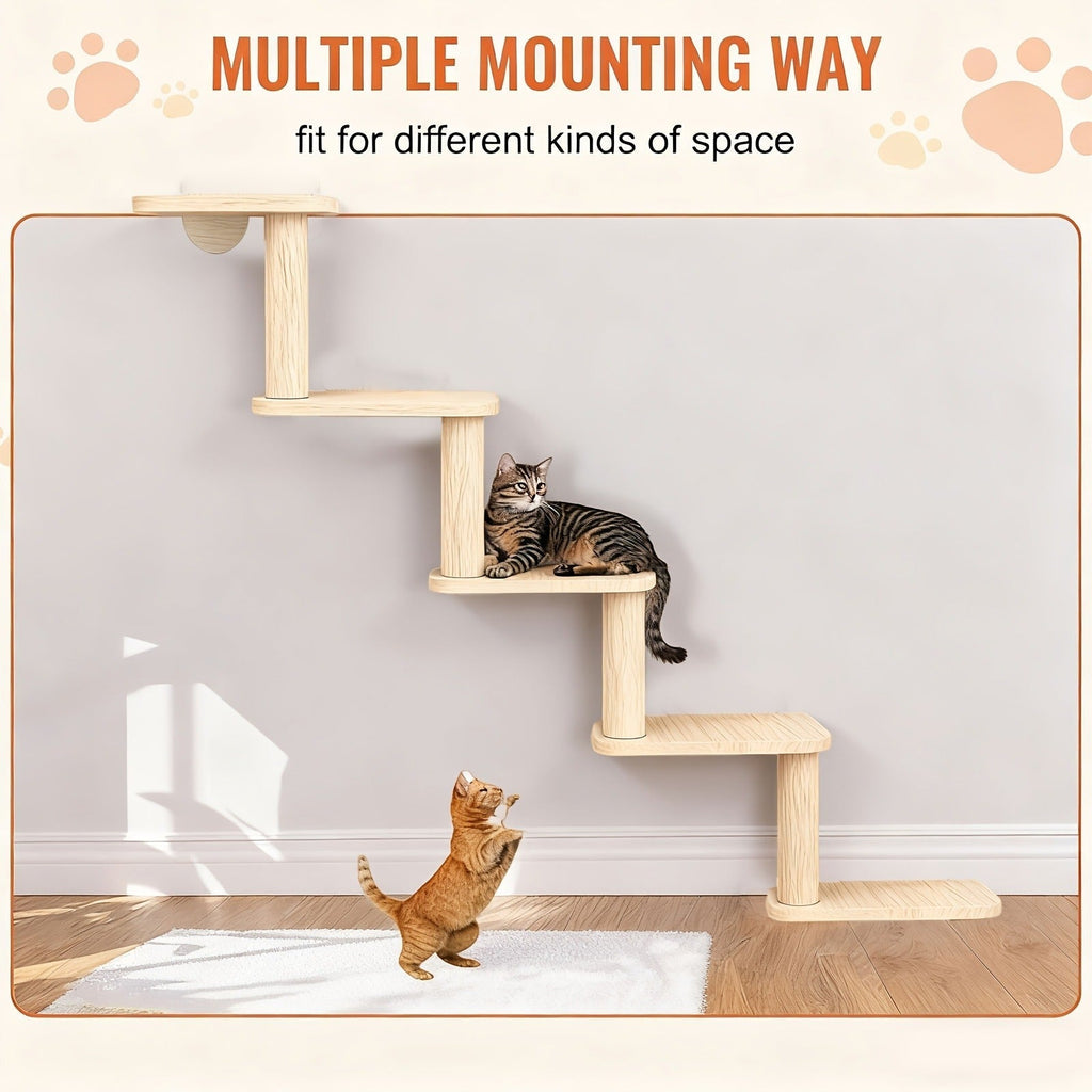 Five-Step Wall-Mounted Cat Tree with 85cm Vertical Wood Frame and Staggered Rectangular Platforms