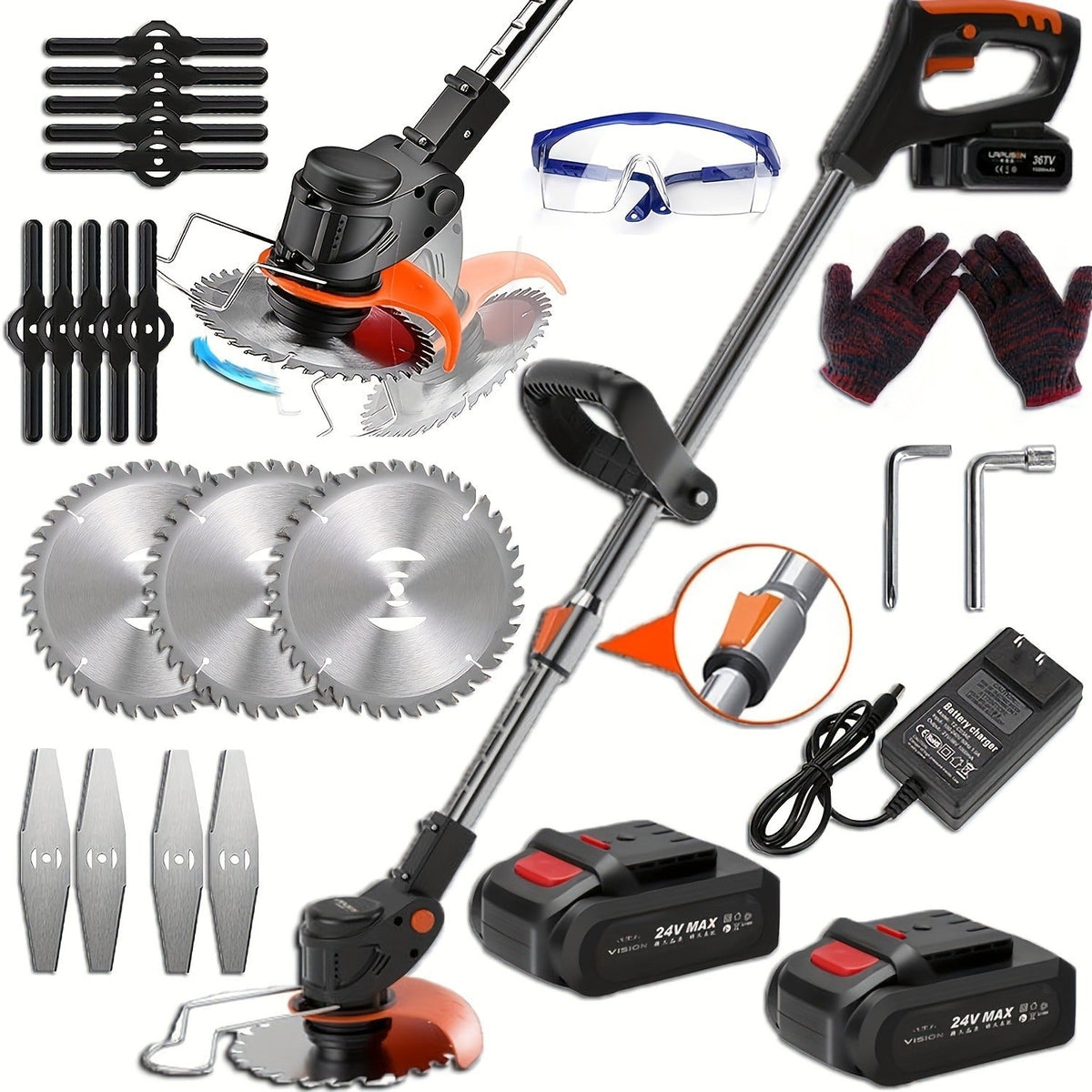 Cordless String Trimmer 24V 800W, Weed Wacker with 2 Batteries, Charger & 3 Blades, Adjustable Head