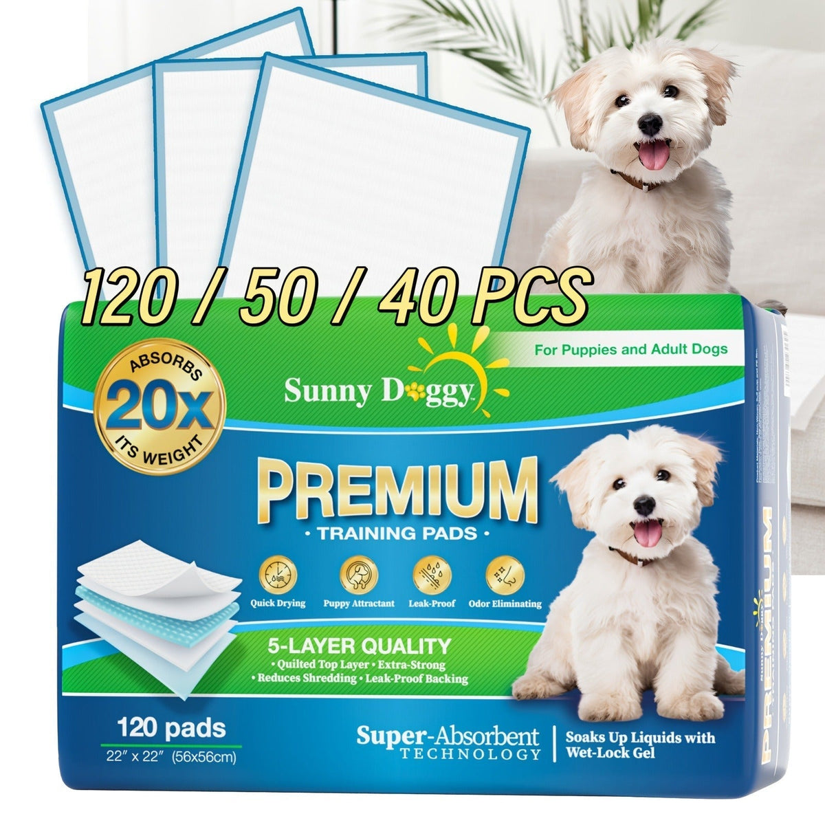 Dog Training Pads, Sunny Doggy Disposable Sets in 120-Count 22 x 22, 50-Count 30 x 36 and 40-Count 36 x 36 Sizes