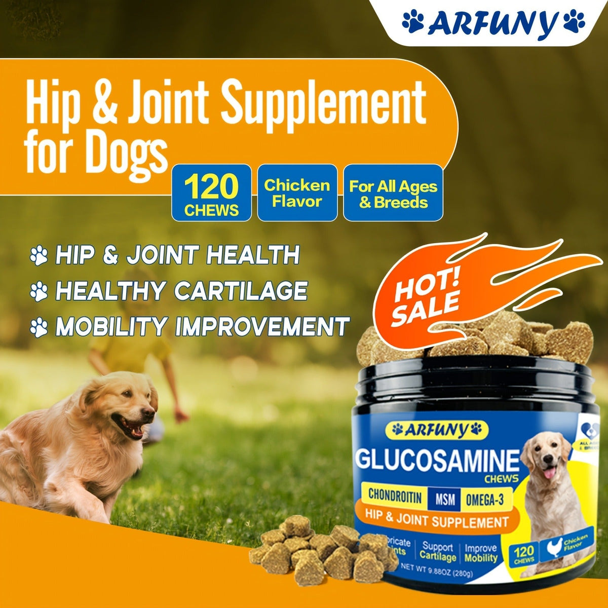 Dog Glucosamine Joint Supplement Chews 120ct | Chicken Flavor Soft Chews with Glucosamine, Chondroitin, MSM & Vitamins for Hip & Joint