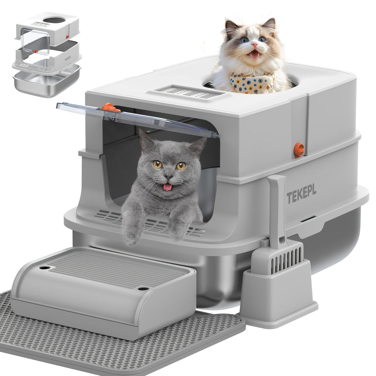 TEKEPL 68L Cat Litter Box with Stainless Steel Basin and Modular Enclosed, Semi-Open or Open Configuration
