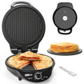 10-Inch Hinged Electric Griddle with Ridged and Smooth Round Plates, 180° Opening and Rotary Dial