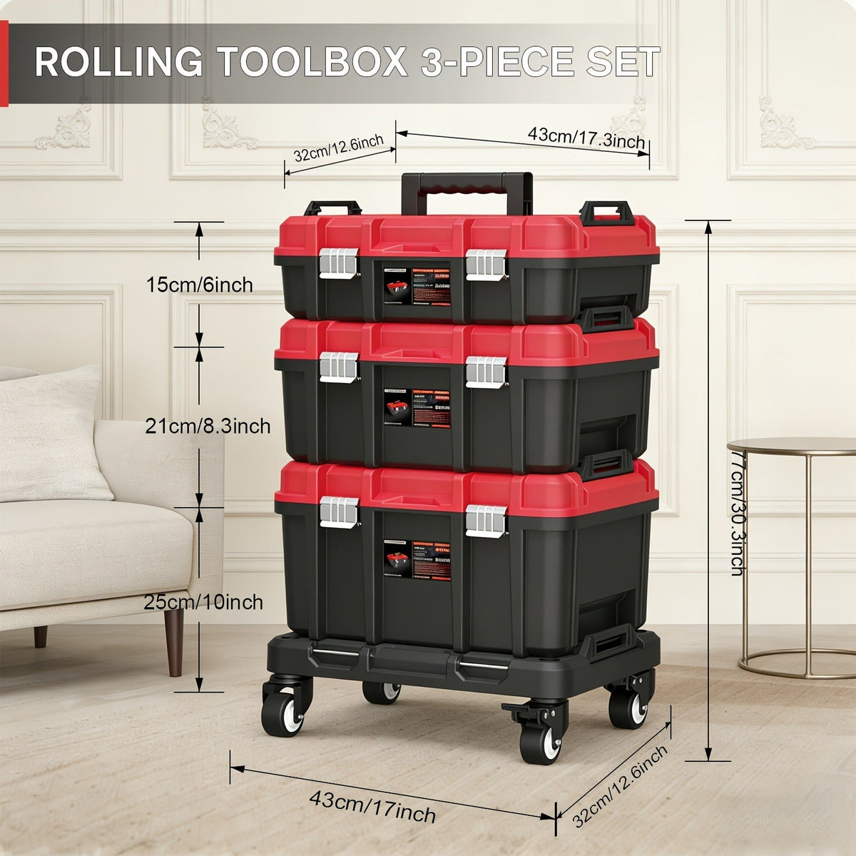Rolling Tool Box with Wheels 3-Tier Stackable Organizer | Lockable Compartments, Connected Storage, 17" Large Plastic Toolbox for Garage