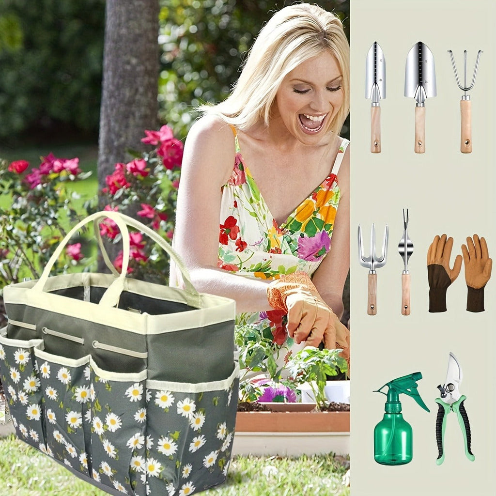 Gardening Kit 9-Piece with Gloves & Carry Bag | Heavy Duty Rust-Resistant Garden Tool Set Trowel Weeder Pruner Rake | Planting Gift