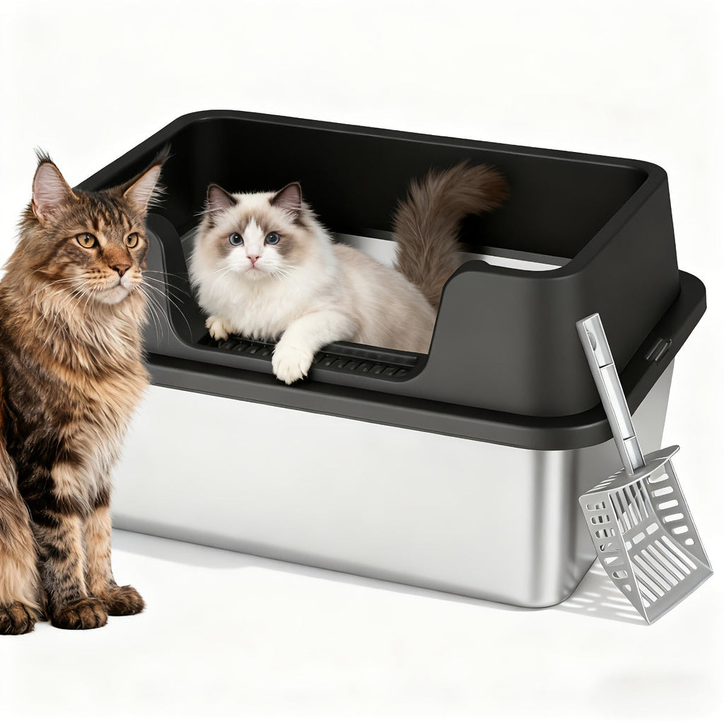 Stainless Steel Cat Litter Box with Scoop – High-Wall Semi-Enclosed Design, Non-Stick Easy Clean Surface, Anti-Leakage Odor Control