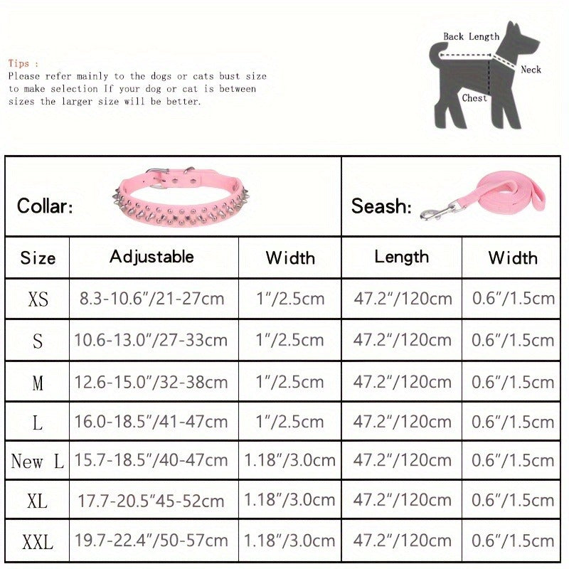 Rivet Dog Collar Bite Resistant with Leash Set, Heavy Duty Metal Buckle Pet Collar for Medium Large Dogs, Adjustable Sizes XS–XXL