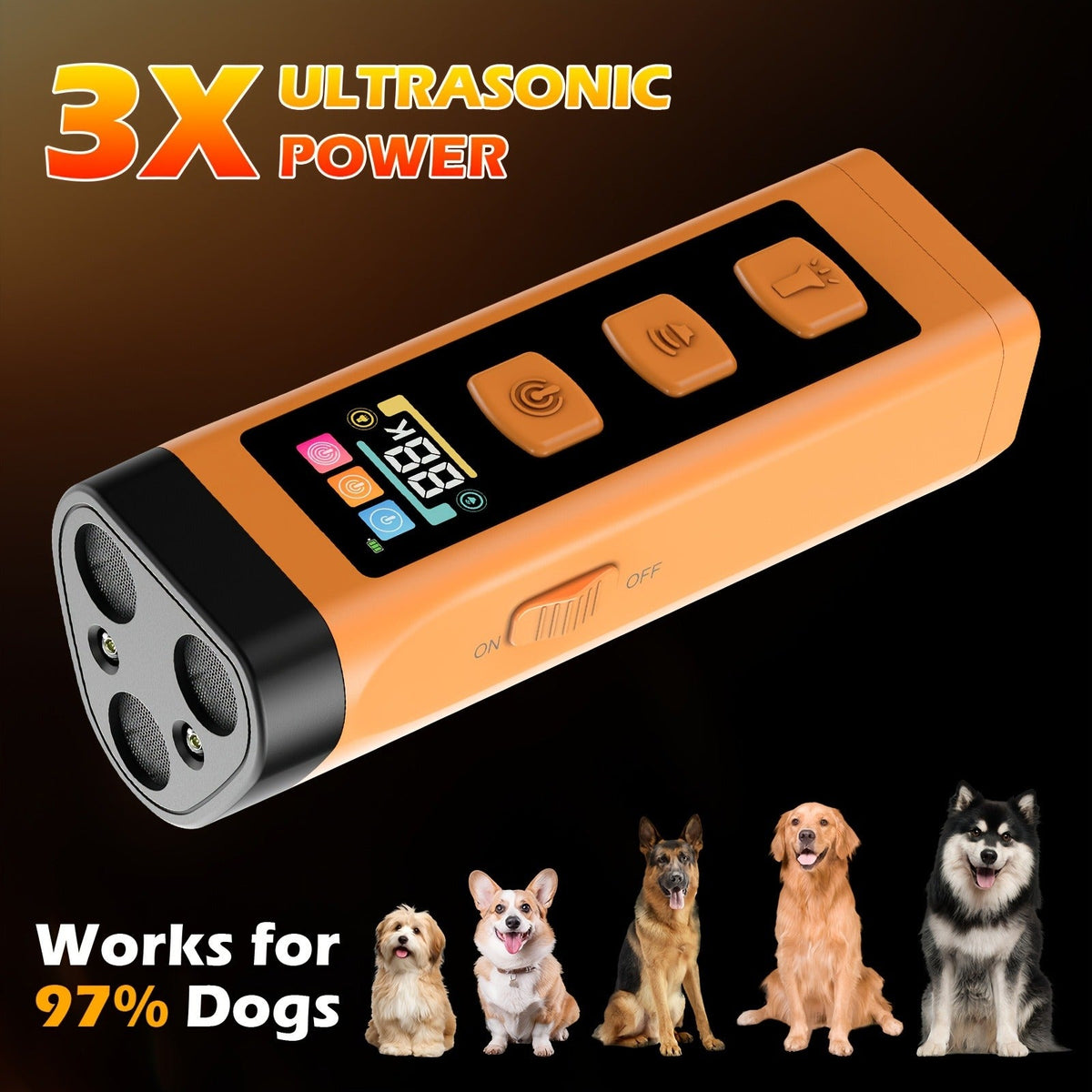 65ft Long-Range Dog Repeller – Triple-Head Ultrasonic Bark Deterrent, Powerful Soundwave Technology, USB Rechargeable Portable Handheld