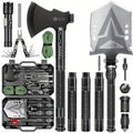 Folding Camping Shovel Axe Kit, Multifunctional Survival Tactical Shovel with Paracord, Dual Color Flashlight & Whetstone