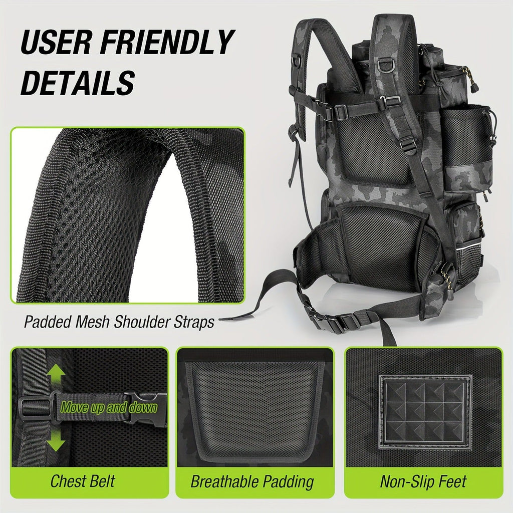 Large Fishing Tackle Bag with 4 Tackle Boxes – 43L Backpack with Rod Holder, Detachable Waist Pack & Gear Storage for Men Women | Black
