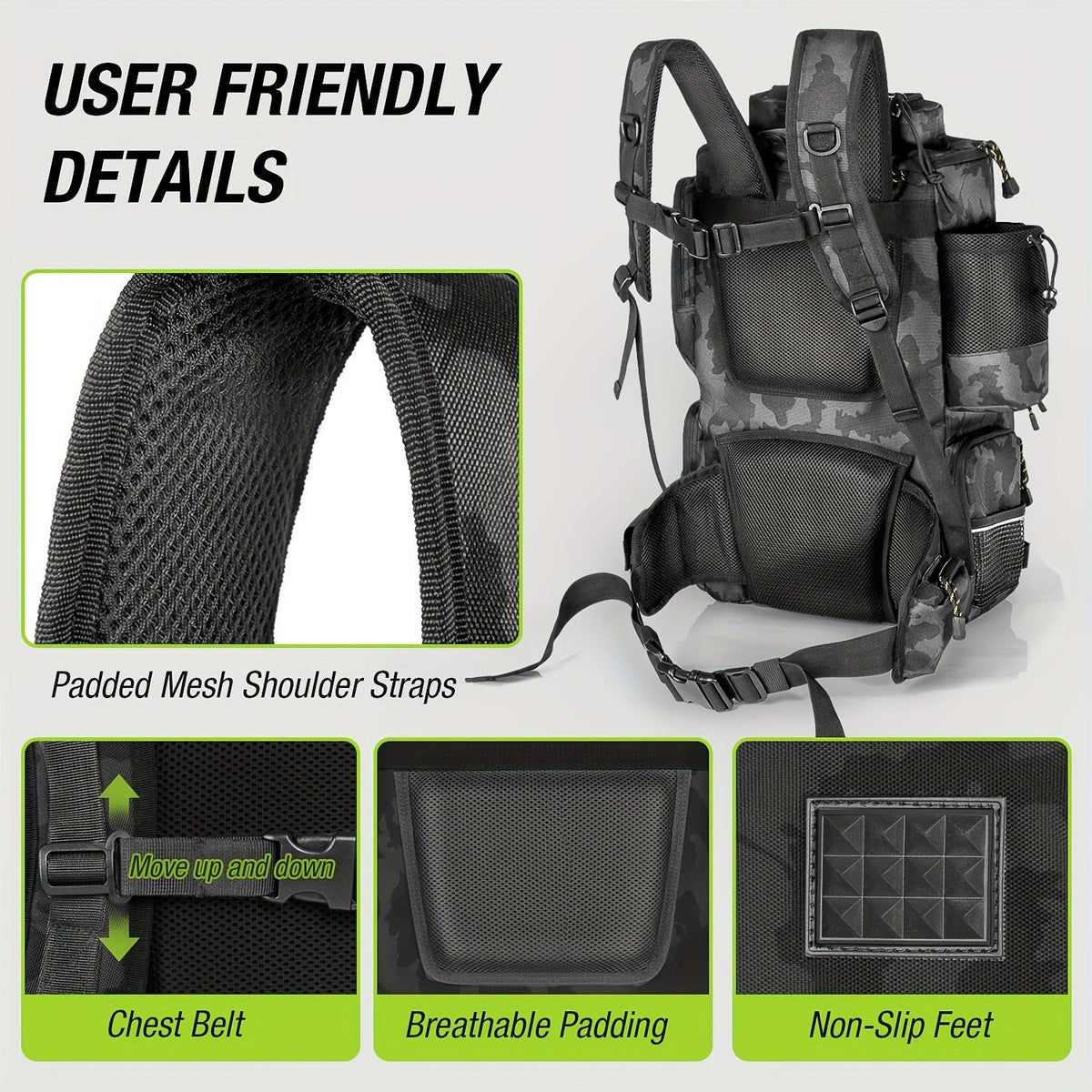 Large Fishing Tackle Bag with 4 Tackle Boxes – 43L Backpack with Rod Holder, Detachable Waist Pack & Gear Storage for Men Women | Black