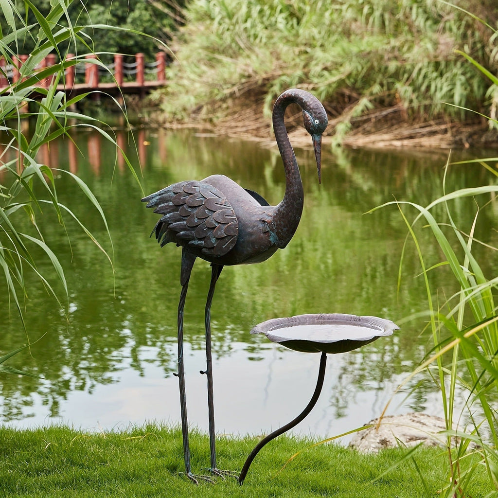 36-Inch Crane Sculpture Bird Bath Set with Separate 12.6-Inch Basin and Garden Stakes for Yard Decor