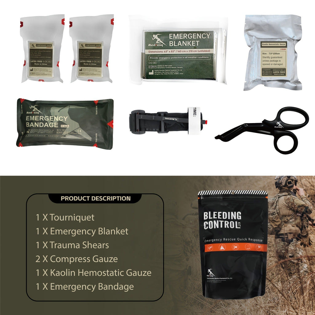 Six-Item IFAK First Aid Kit with Black Carry Pouch, Strap, Blanket, Shears, Gauze and Bandage Packets