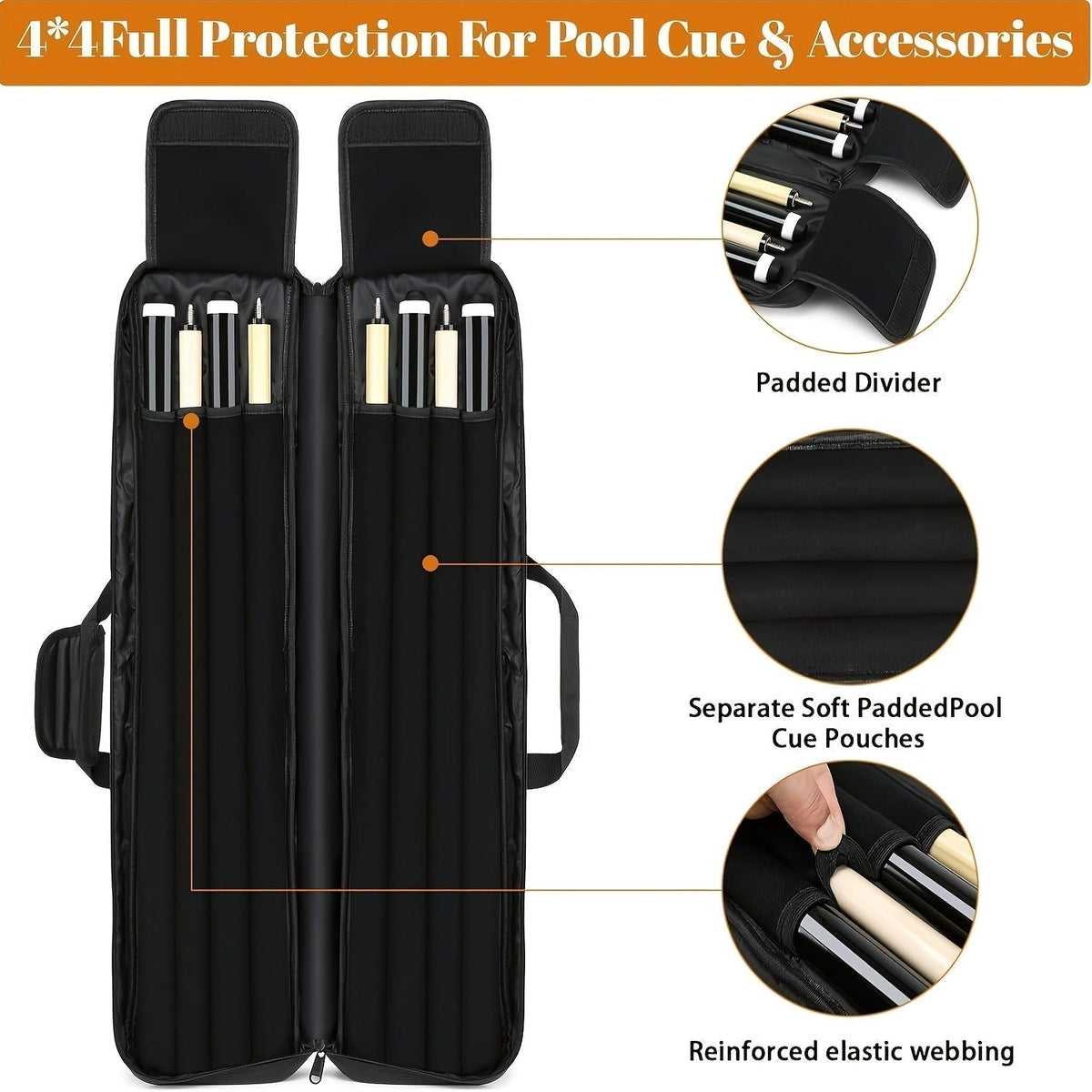 Pool Cue Case 4x4 – Billiard Cue Bag Holds 4 Butts & 4 Shafts, Hidden Backpack Strap, Large Front Accessory Pockets