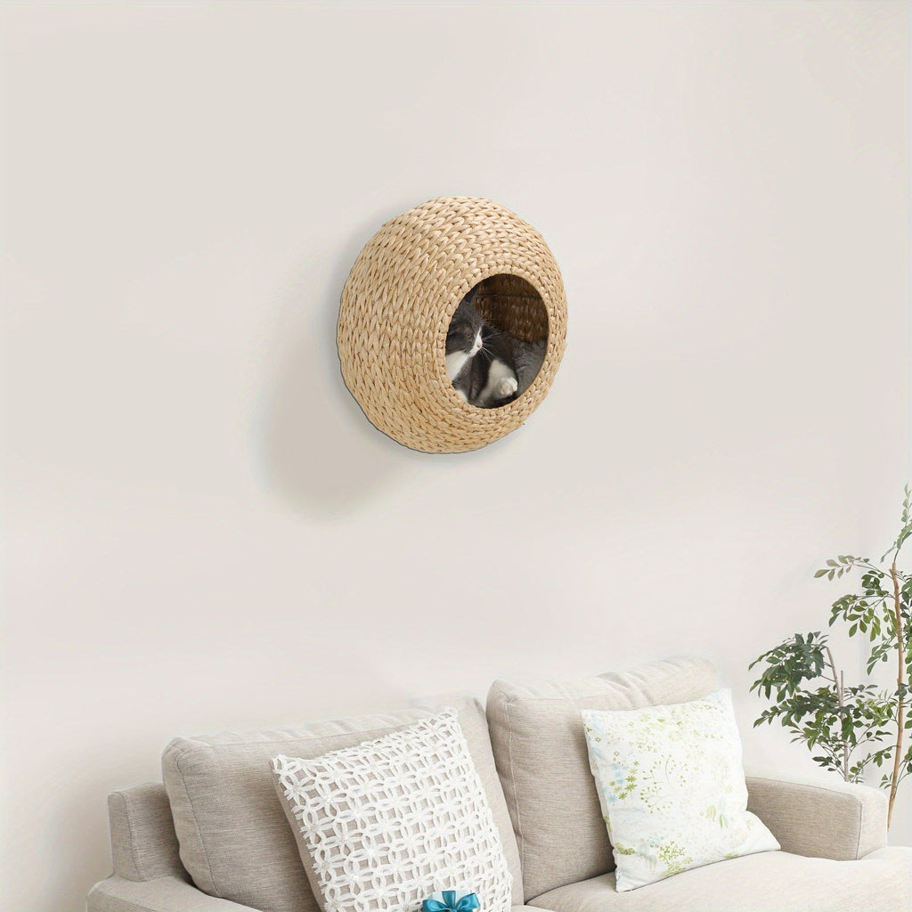 Natural-Tone Round Woven Cat Wall Condo with Removable Cushion, Mounting Hardware and 17.7-Inch Pod Diameter