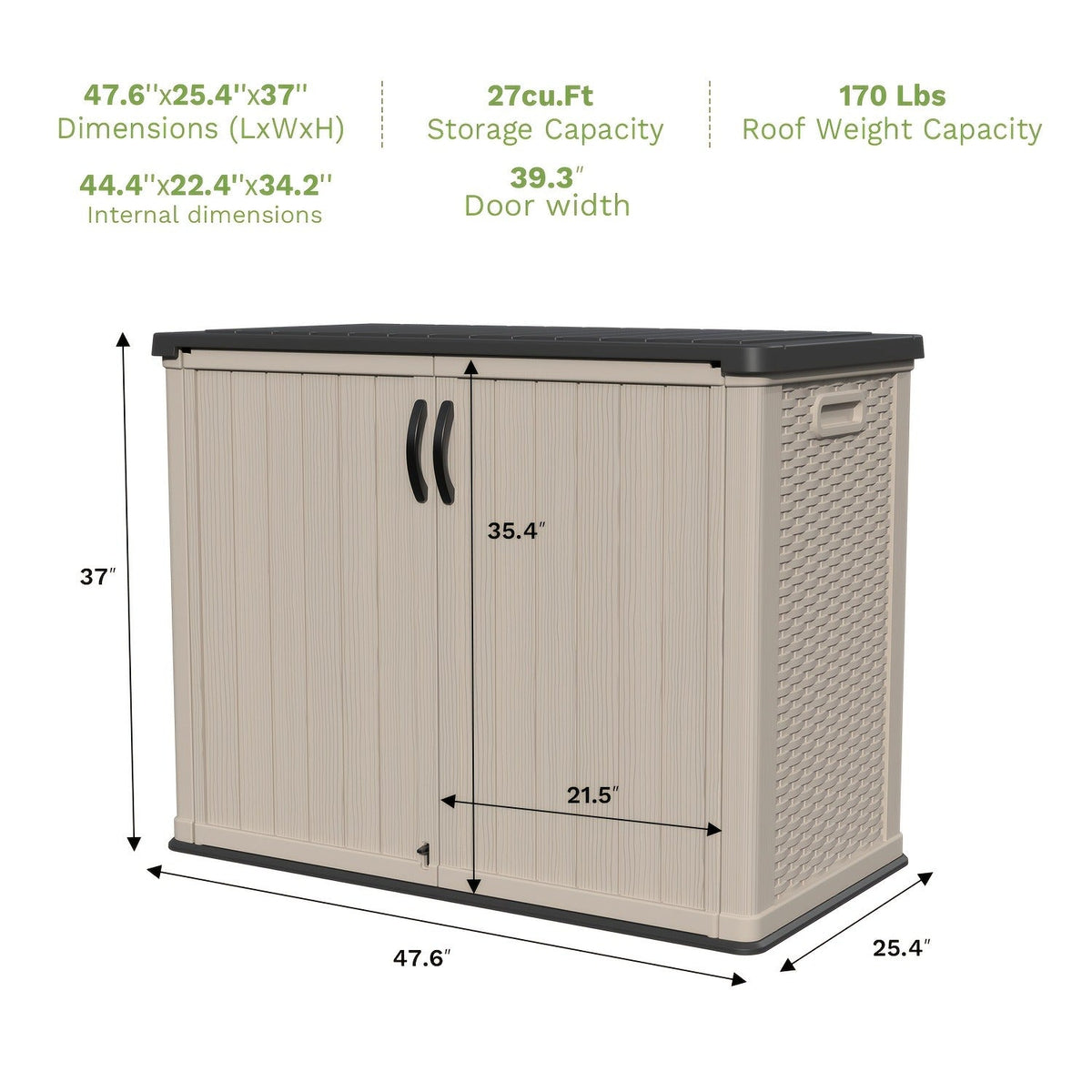 Resin Outdoor Storage Cabinet and Shelf Options in White or Beige with 4 x 2 Ft Shed Sizes