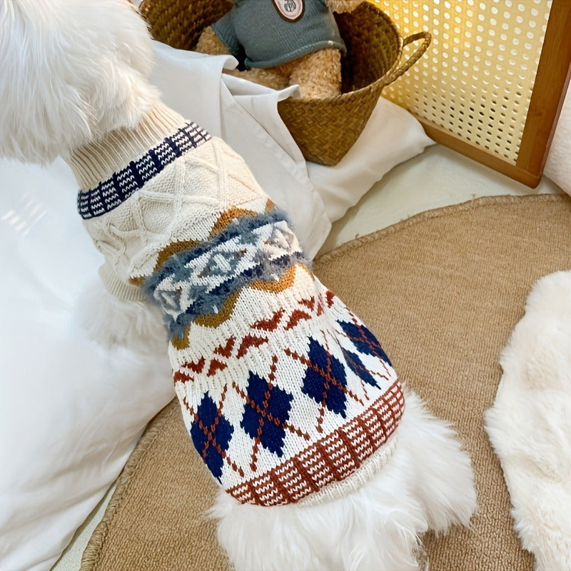 Cable-Knit Dog Turtleneck Sweater with Fair Isle Pattern, Beige or Blue and Five XS–XL Sizes