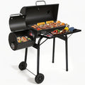 Barrel Charcoal Grill with Offset Smoker, Wheeled Cart, Side Firebox and Two Black Configuration Options